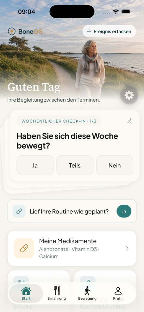 BoneOS home screen with weekly check-in