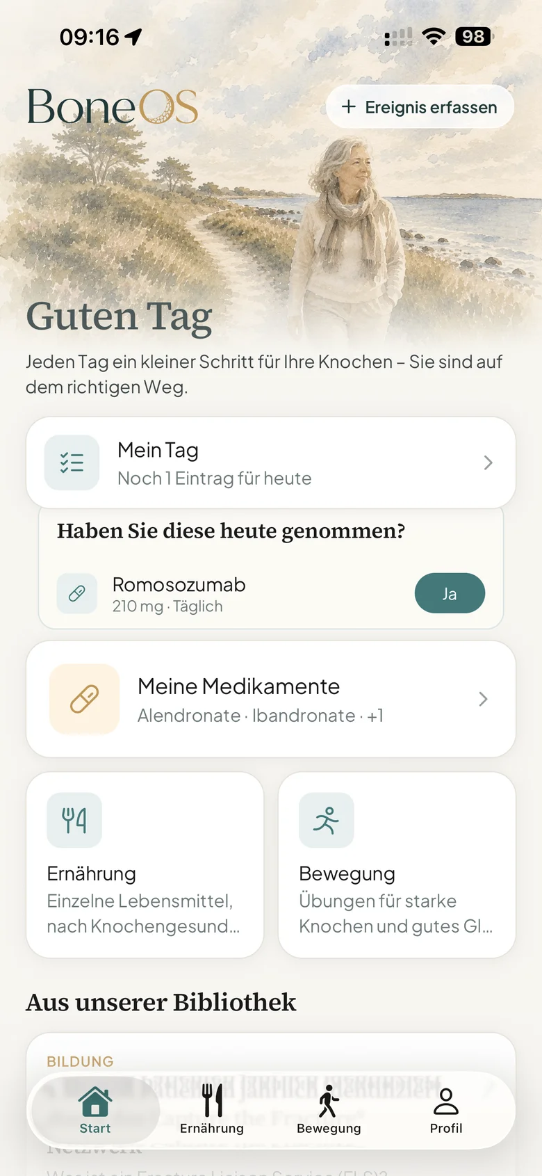 BoneOS home screen with medication reminder